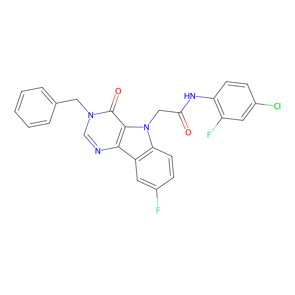 2-(3-benzyl-8-fluoro-4-oxo-3H-pyrimido[5,4-b]indol-5(4H)-yl)-N-(4-chloro-2-fluorophenyl)acetamide molecular structure, CAS 1185039-34-2