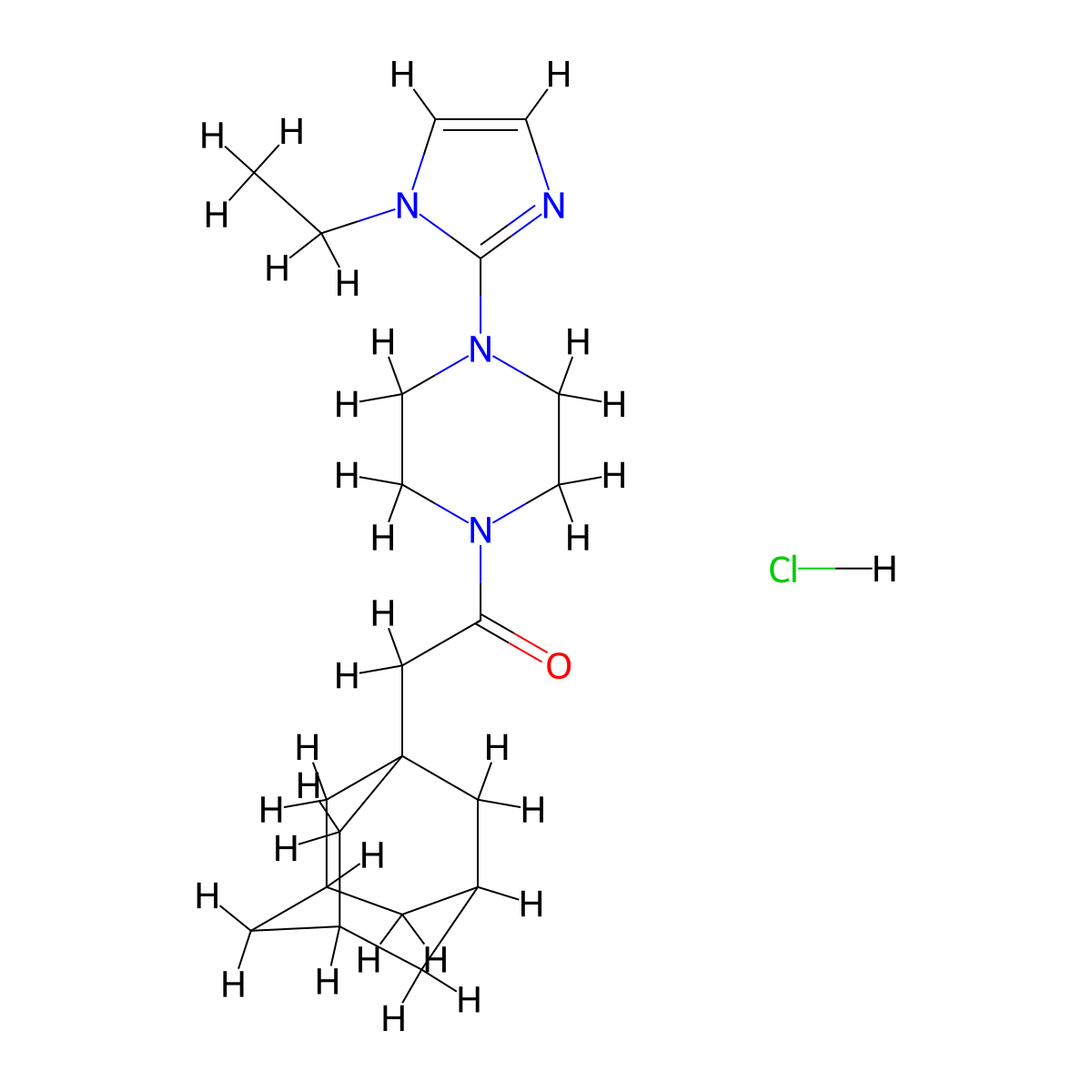 2-((3r,5r,7r)-adamantan-1-yl)-1-(4-(1-ethyl-1H-imidazol-2-yl)piperazin-1-yl)ethanone hydrochloride molecular structure, CAS 1185040-95-2