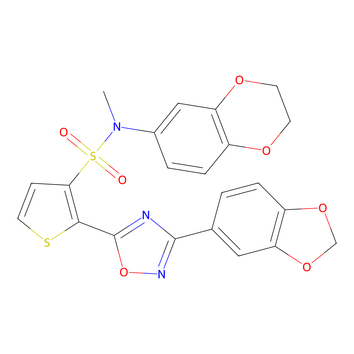 2-[3-(1,3-benzodioxol-5-yl)-1,2,4-oxadiazol-5-yl]-N-(2,3-dihydro-1,4-benzodioxin-6-yl)-N-methylthiophene-3-sulfonamide molecular structure, CAS 1185042-48-1