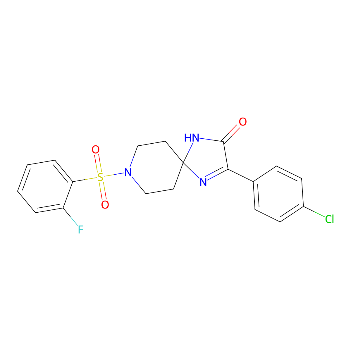 3-(4-Chlorophenyl)-8-((2-fluorophenyl)sulfonyl)-1,4,8-triazaspiro[4.5]dec-3-en-2-one molecular structure, CAS 1185042-59-4
