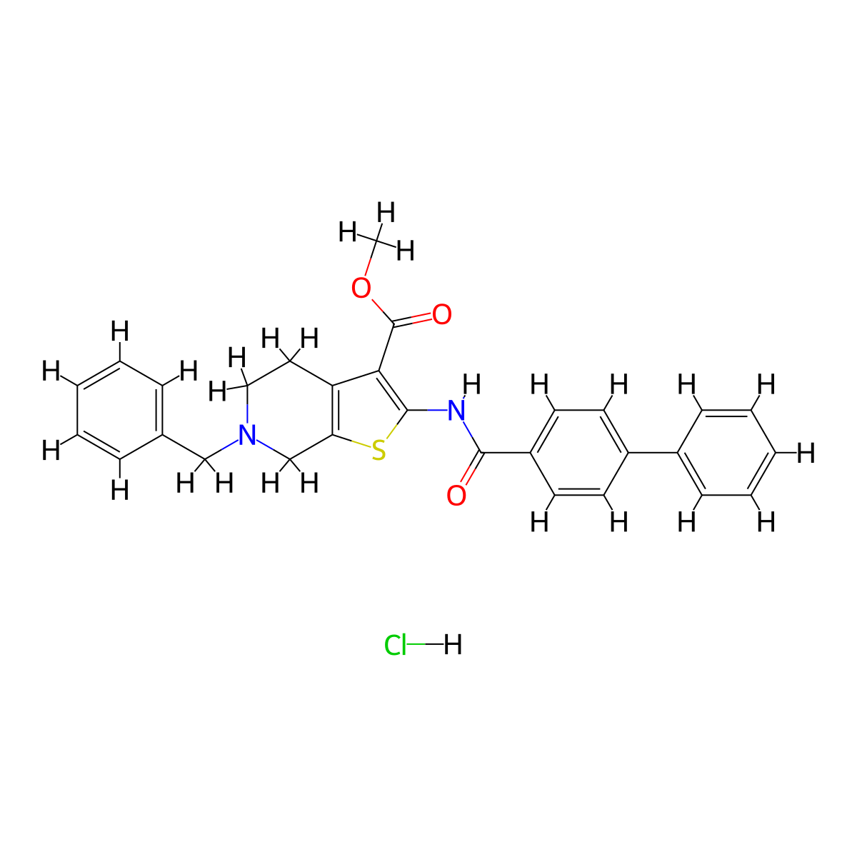 Methyl 2-([1,1'-biphenyl]-4-ylcarboxamido)-6-benzyl-4,5,6,7-tetrahydrothieno[2,3-c]pyridine-3-carboxylate hydrochloride molecular structure, CAS 1185043-62-2