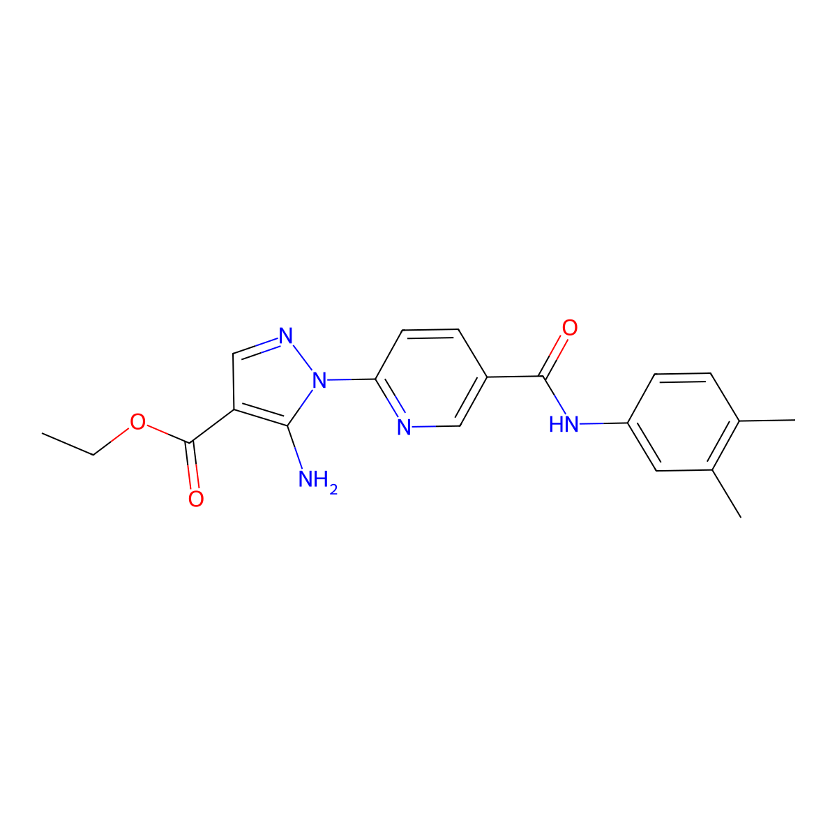 ethyl 5-amino-1-{5-[(3,4-dimethylphenyl)carbamoyl]pyridin-2-yl}-1H-pyrazole-4-carboxylate molecular structure, CAS 1185043-78-0