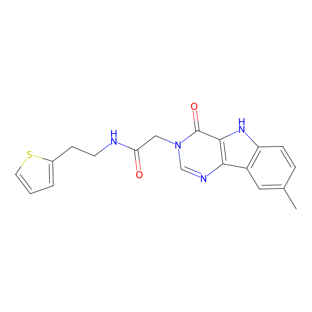2-(8-methyl-4-oxo-4,5-dihydro-3H-pyrimido[5,4-b]indol-3-yl)-N-(2-(thiophen-2-yl)ethyl)acetamide molecular structure, CAS 1185044-01-2