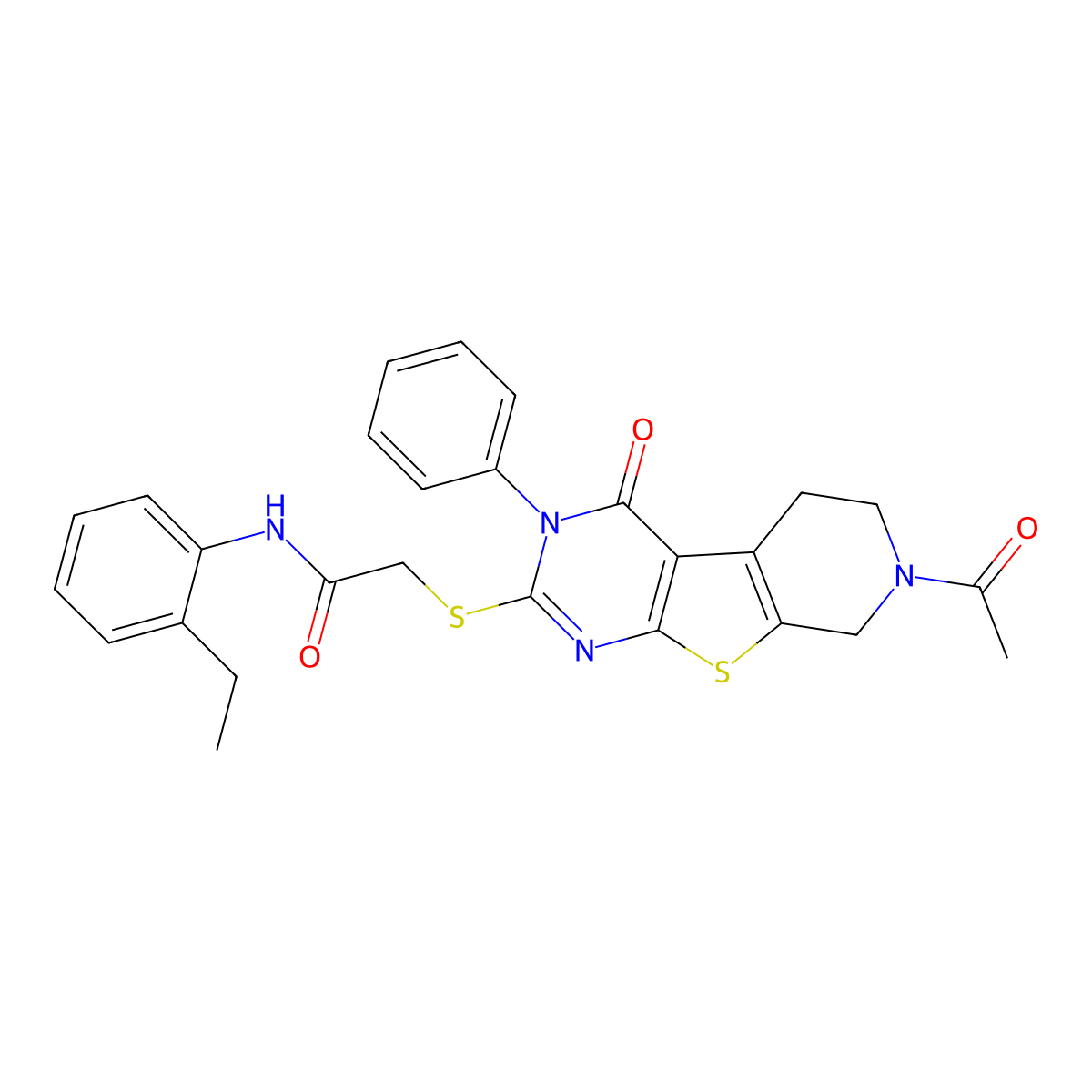 2-((7-acetyl-4-oxo-3-phenyl-3,4,5,6,7,8-hexahydropyrido[4',3':4,5]thieno[2,3-d]pyrimidin-2-yl)thio)-N-(2-ethylphenyl)acetamide molecular structure, CAS 1185046-06-3