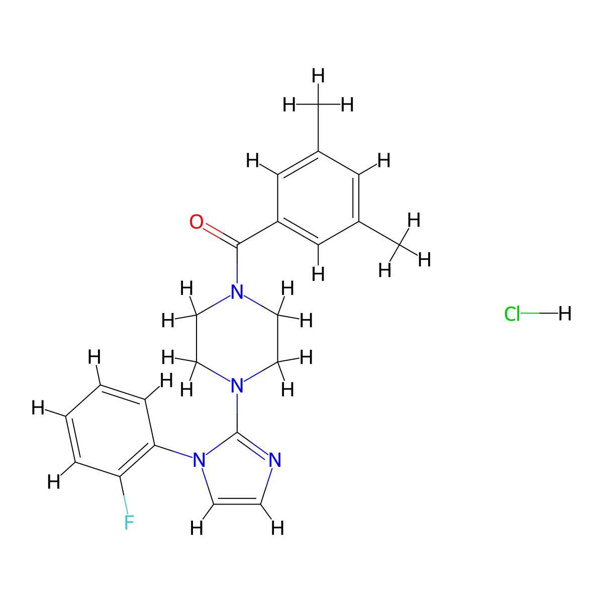 (3,5-dimethylphenyl)(4-(1-(2-fluorophenyl)-1H-imidazol-2-yl)piperazin-1-yl)methanone hydrochloride molecular structure, CAS 1185048-23-0