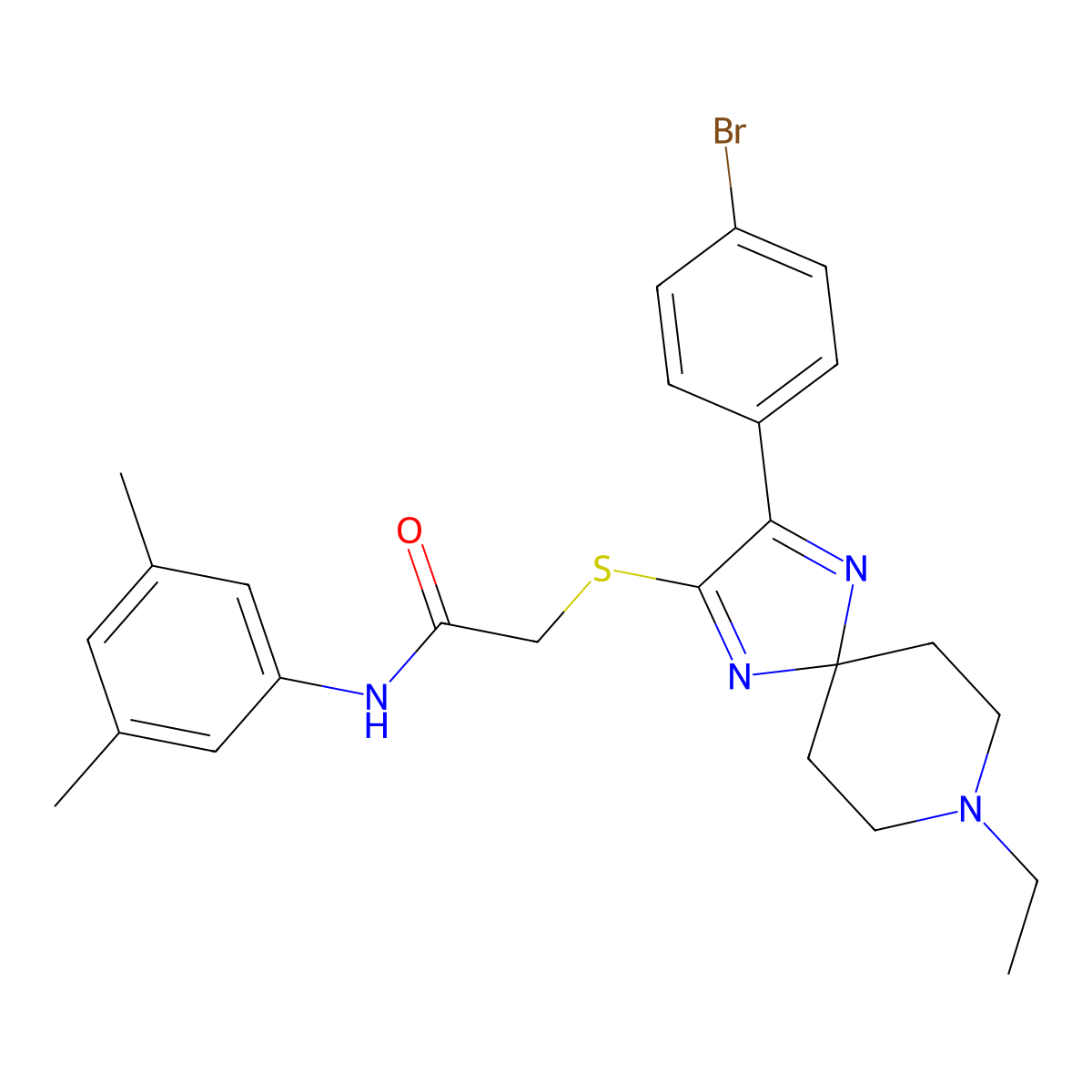 2-((3-(4-bromophenyl)-8-ethyl-1,4,8-triazaspiro[4.5]deca-1,3-dien-2-yl)thio)-N-(3,5-dimethylphenyl)acetamide molecular structure, CAS 1185050-00-3