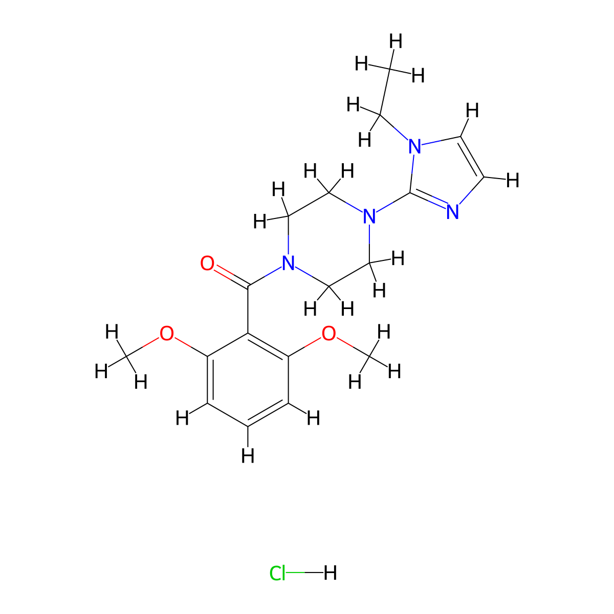 (2,6-dimethoxyphenyl)(4-(1-ethyl-1H-imidazol-2-yl)piperazin-1-yl)methanone hydrochloride molecular structure, CAS 1185051-93-7