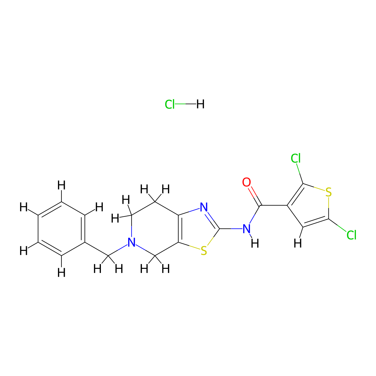 N-(5-benzyl-4,5,6,7-tetrahydrothiazolo[5,4-c]pyridin-2-yl)-2,5-dichlorothiophene-3-carboxamide hydrochloride molecular structure, CAS 1185052-08-7