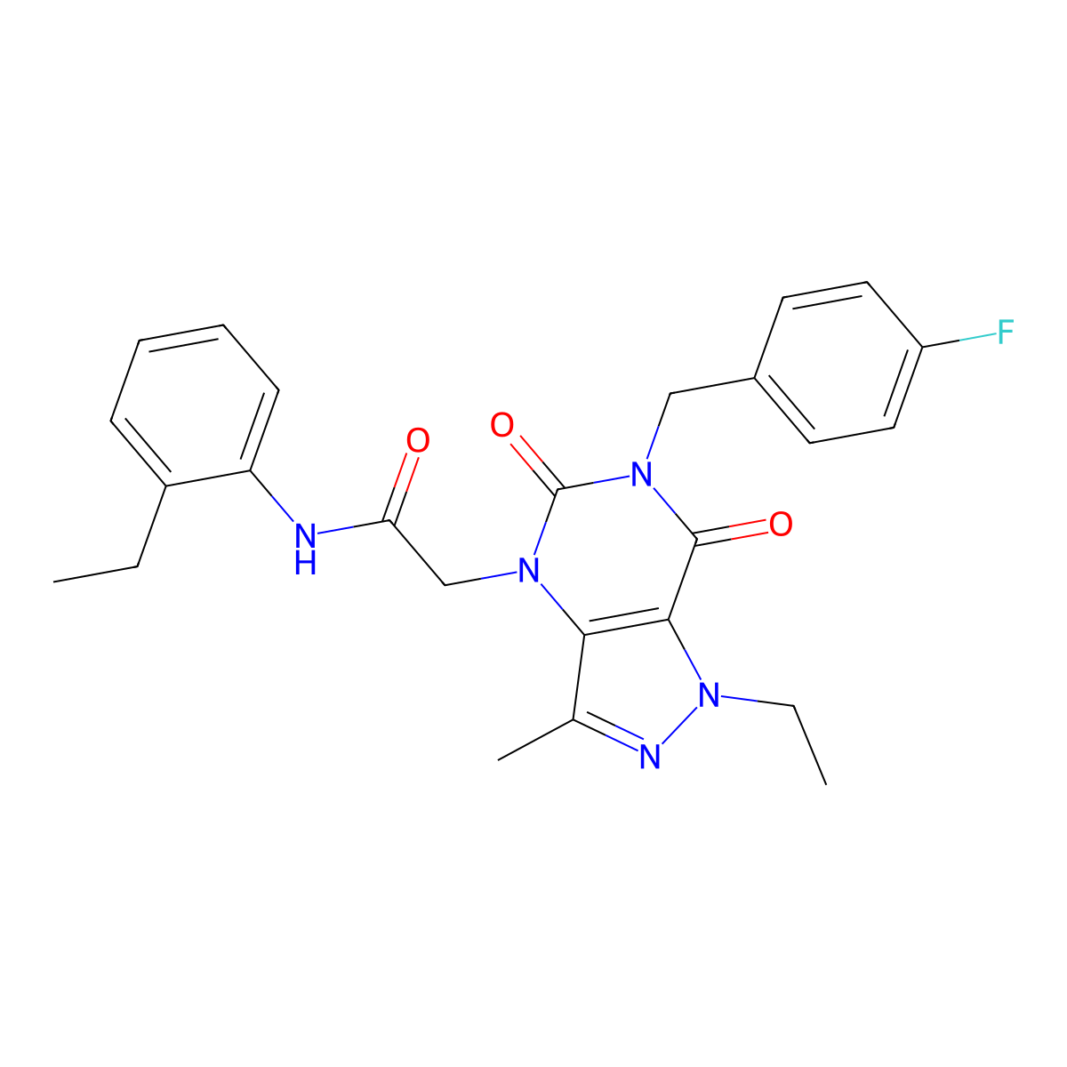 2-(1-ethyl-6-(4-fluorobenzyl)-3-methyl-5,7-dioxo-6,7-dihydro-1H-pyrazolo[4,3-d]pyrimidin-4(5H)-yl)-N-(2-ethylphenyl)acetamide molecular structure, CAS 1185053-34-2