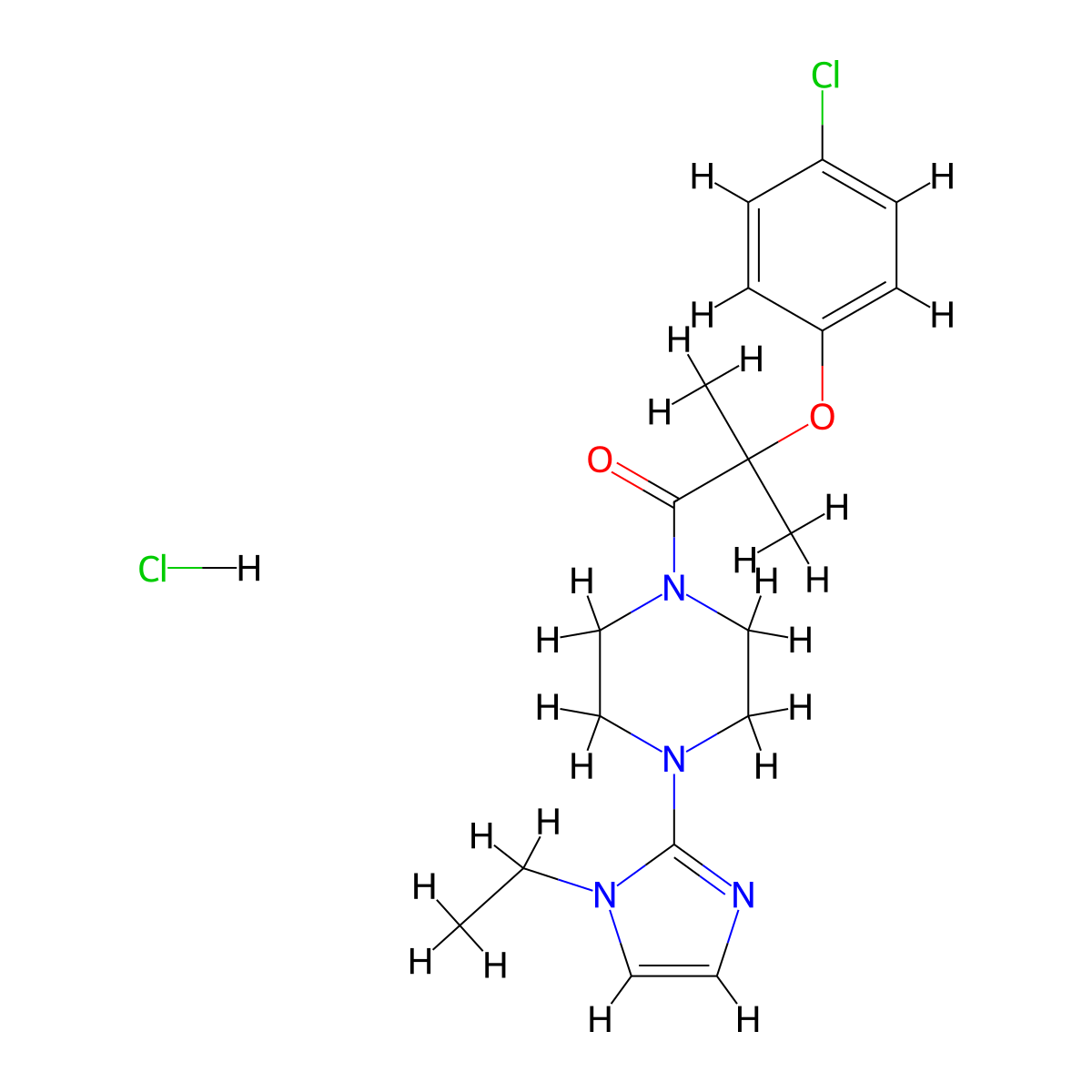 2-(4-chlorophenoxy)-1-(4-(1-ethyl-1H-imidazol-2-yl)piperazin-1-yl)-2-methylpropan-1-one hydrochloride molecular structure, CAS 1185053-80-8