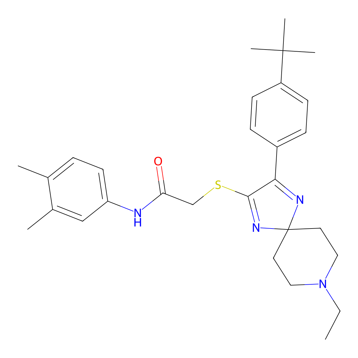 2-((3-(4-(tert-butyl)phenyl)-8-ethyl-1,4,8-triazaspiro[4.5]deca-1,3-dien-2-yl)thio)-N-(3,4-dimethylphenyl)acetamide molecular structure, CAS 1185055-62-2