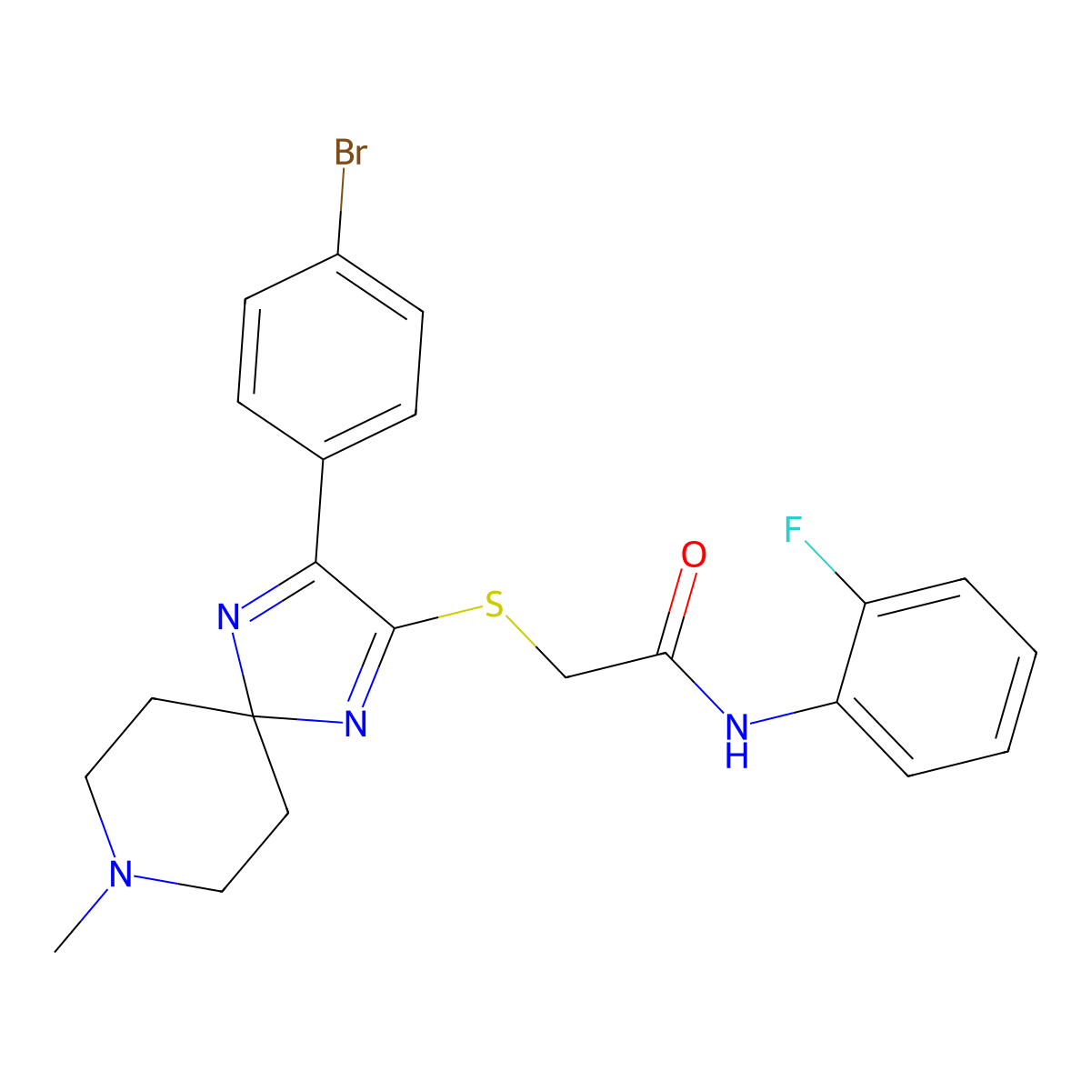 2-((3-(4-bromophenyl)-8-methyl-1,4,8-triazaspiro[4.5]deca-1,3-dien-2-yl)thio)-N-(2-fluorophenyl)acetamide molecular structure, CAS 1185055-86-0