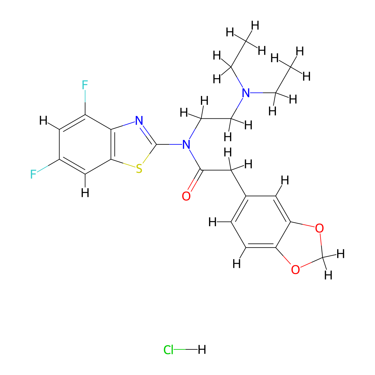 2-(benzo[d][1,3]dioxol-5-yl)-N-(2-(diethylamino)ethyl)-N-(4,6-difluorobenzo[d]thiazol-2-yl)acetamide hydrochloride molecular structure, CAS 1185060-23-4
