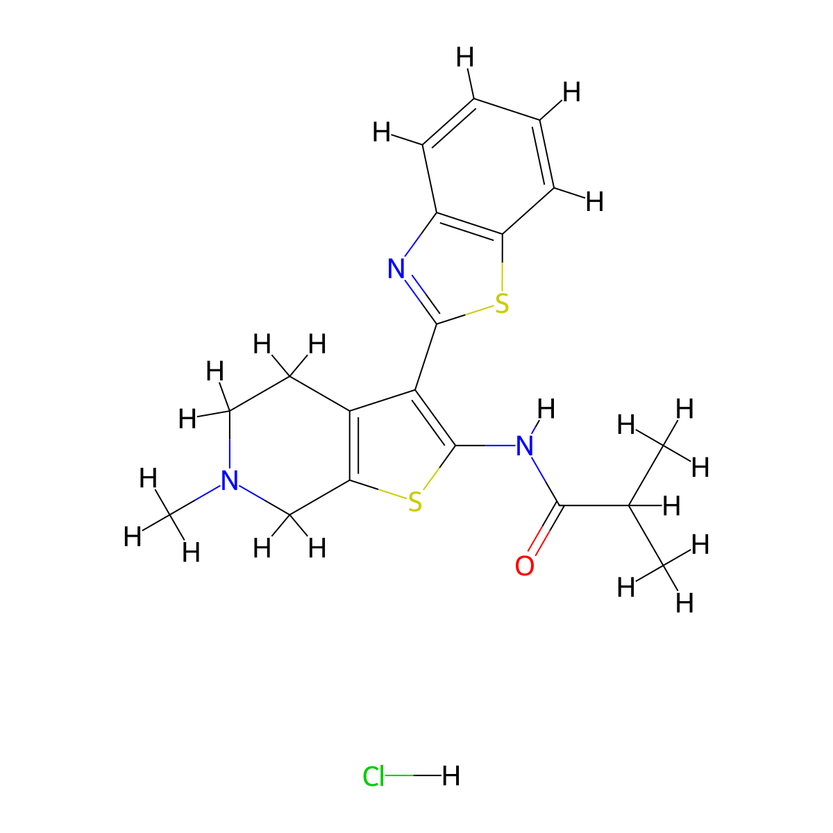 N-(3-(benzo[d]thiazol-2-yl)-6-methyl-4,5,6,7-tetrahydrothieno[2,3-c]pyridin-2-yl)isobutyramide hydrochloride molecular structure, CAS 1185066-18-5