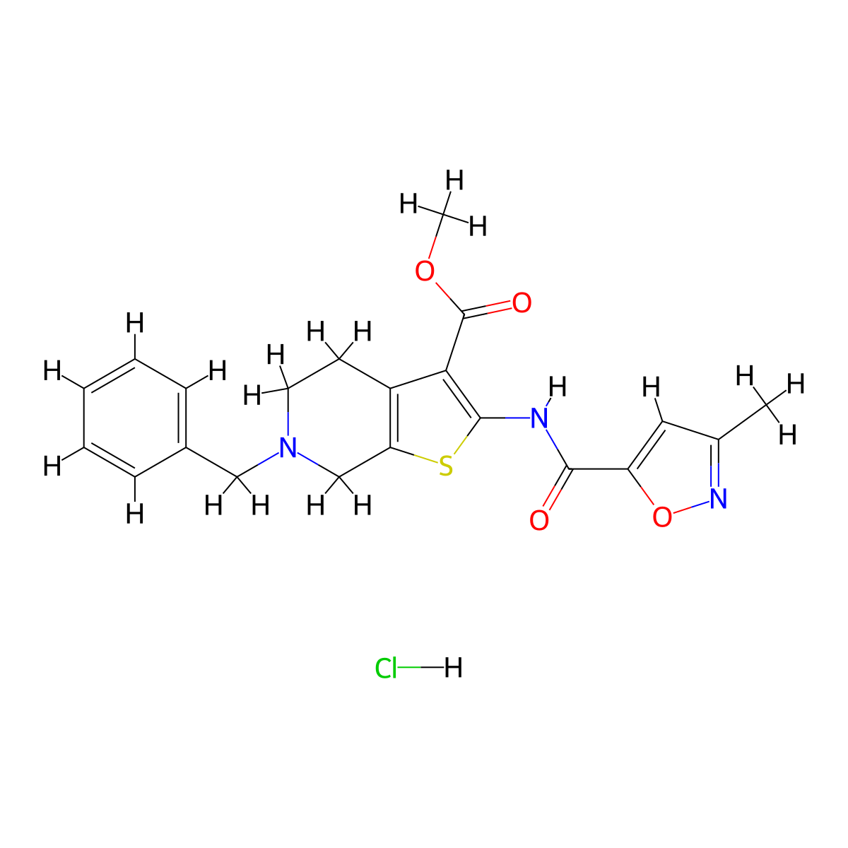 Methyl 6-benzyl-2-(3-methylisoxazole-5-carboxamido)-4,5,6,7-tetrahydrothieno[2,3-c]pyridine-3-carboxylate hydrochloride molecular structure, CAS 1185069-92-4