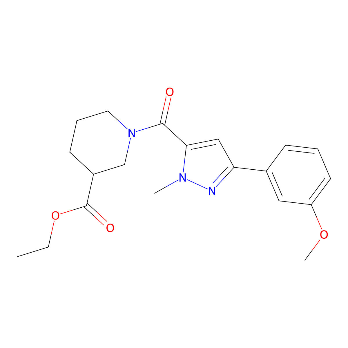 ethyl 1-(3-(3-methoxyphenyl)-1-methyl-1H-pyrazole-5-carbonyl)piperidine-3-carboxylate molecular structure, CAS 1185070-73-8
