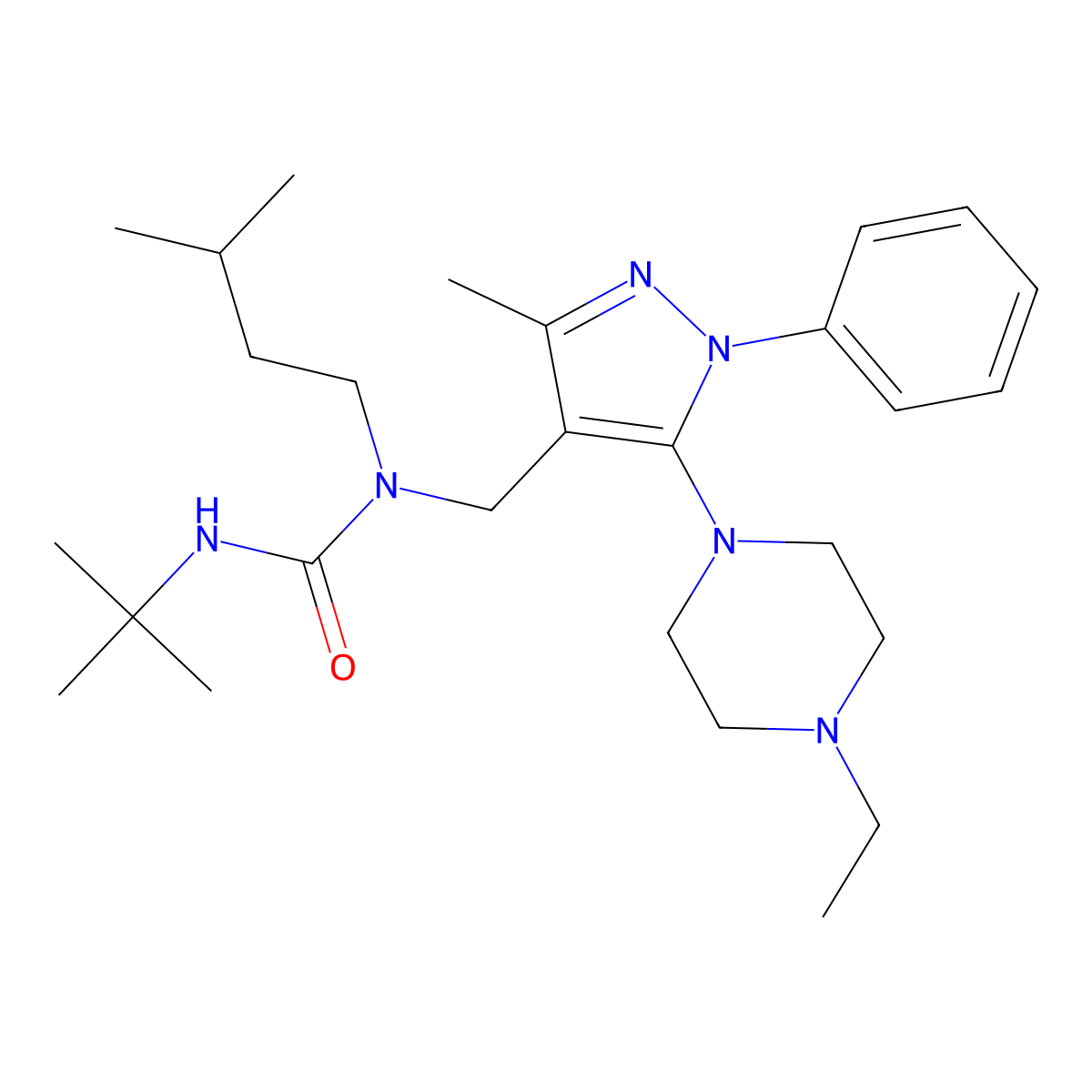 N'-(tert-butyl)-N-{[5-(4-ethylpiperazino)-3-methyl-1-phenyl-1H-pyrazol-4-yl]methyl}-N-isopentylurea molecular structure, CAS 1185071-65-1