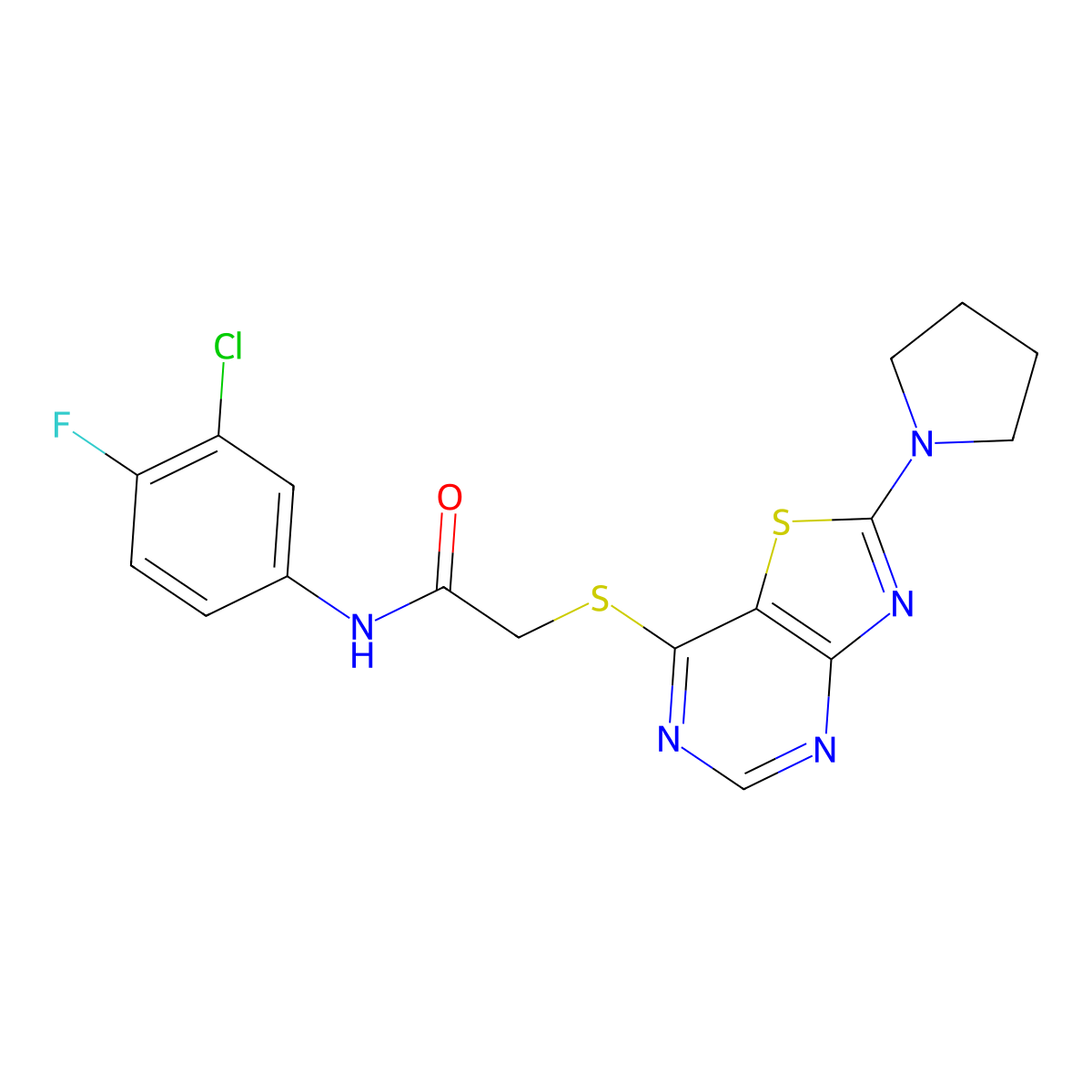 N-(3-chloro-4-fluorophenyl)-2-((2-(pyrrolidin-1-yl)thiazolo[4,5-d]pyrimidin-7-yl)thio)acetamide molecular structure, CAS 1185072-07-4