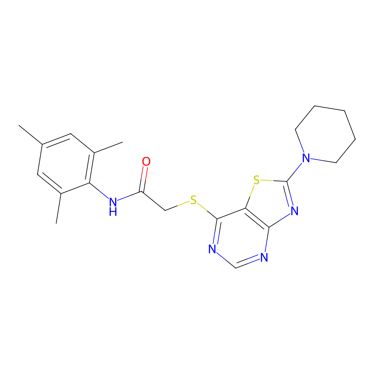 N-mesityl-2-((2-(piperidin-1-yl)thiazolo[4,5-d]pyrimidin-7-yl)thio)acetamide molecular structure, CAS 1185074-02-5