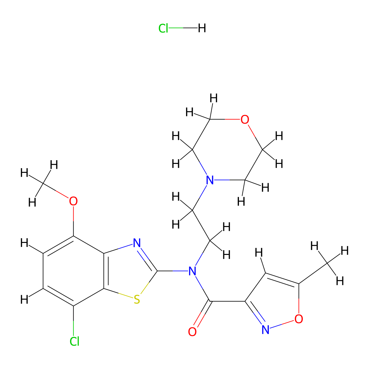 N-(7-chloro-4-methoxybenzo[d]thiazol-2-yl)-5-methyl-N-(2-morpholinoethyl)isoxazole-3-carboxamide hydrochloride molecular structure, CAS 1185074-94-5