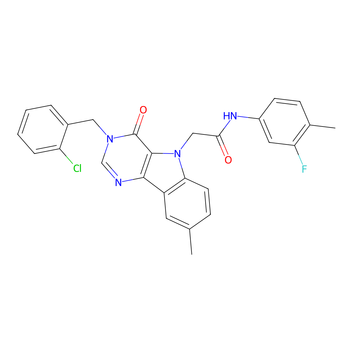 2-(3-(2-chlorobenzyl)-8-methyl-4-oxo-3H-pyrimido[5,4-b]indol-5(4H)-yl)-N-(3-fluoro-4-methylphenyl)acetamide molecular structure, CAS 1185076-28-1