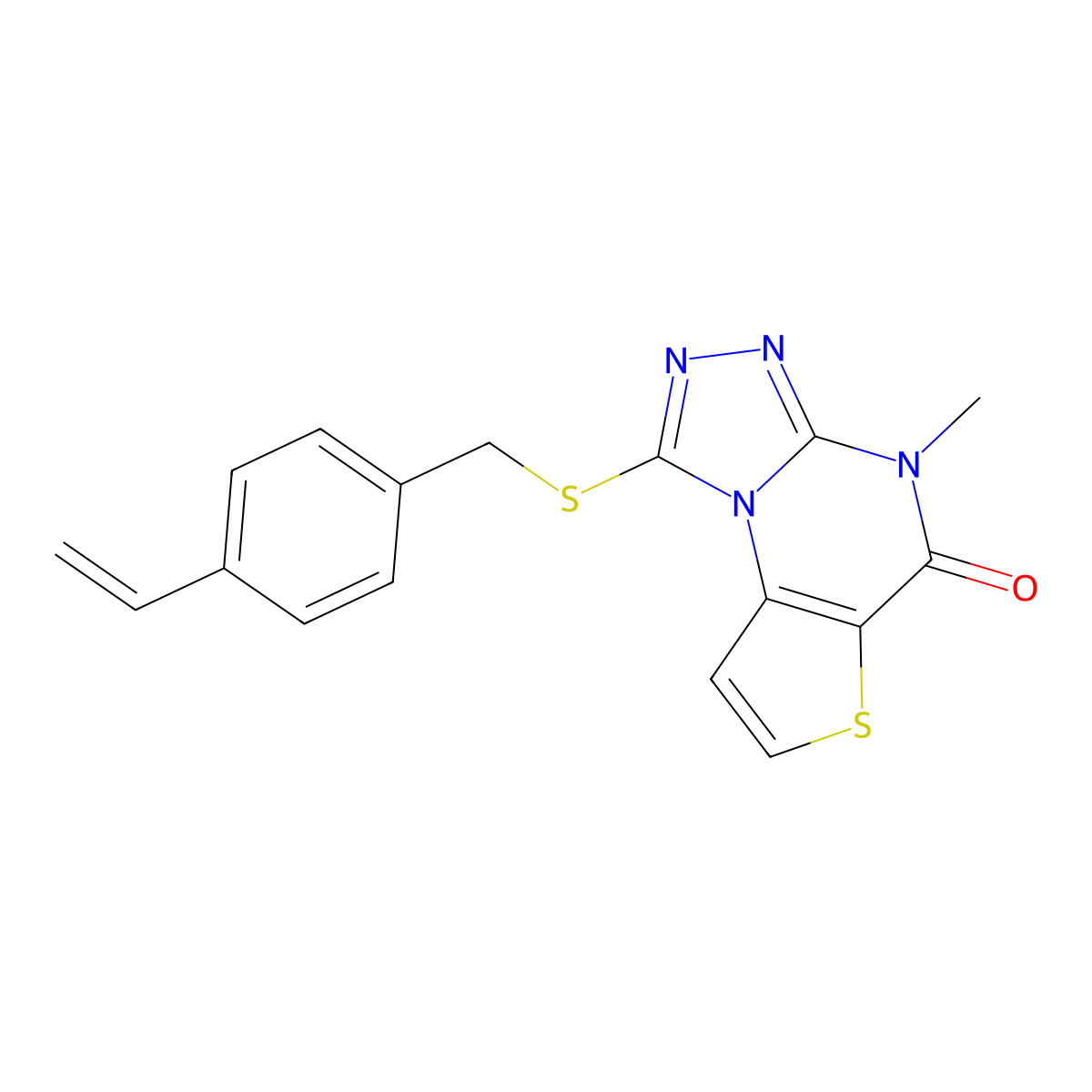 4-methyl-1-((4-vinylbenzyl)thio)thieno[2,3-e][1,2,4]triazolo[4,3-a]pyrimidin-5(4H)-one molecular structure, CAS 1185076-85-0