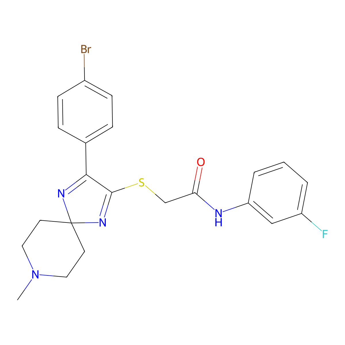 2-((3-(4-bromophenyl)-8-methyl-1,4,8-triazaspiro[4.5]deca-1,3-dien-2-yl)thio)-N-(3-fluorophenyl)acetamide molecular structure, CAS 1185079-26-8