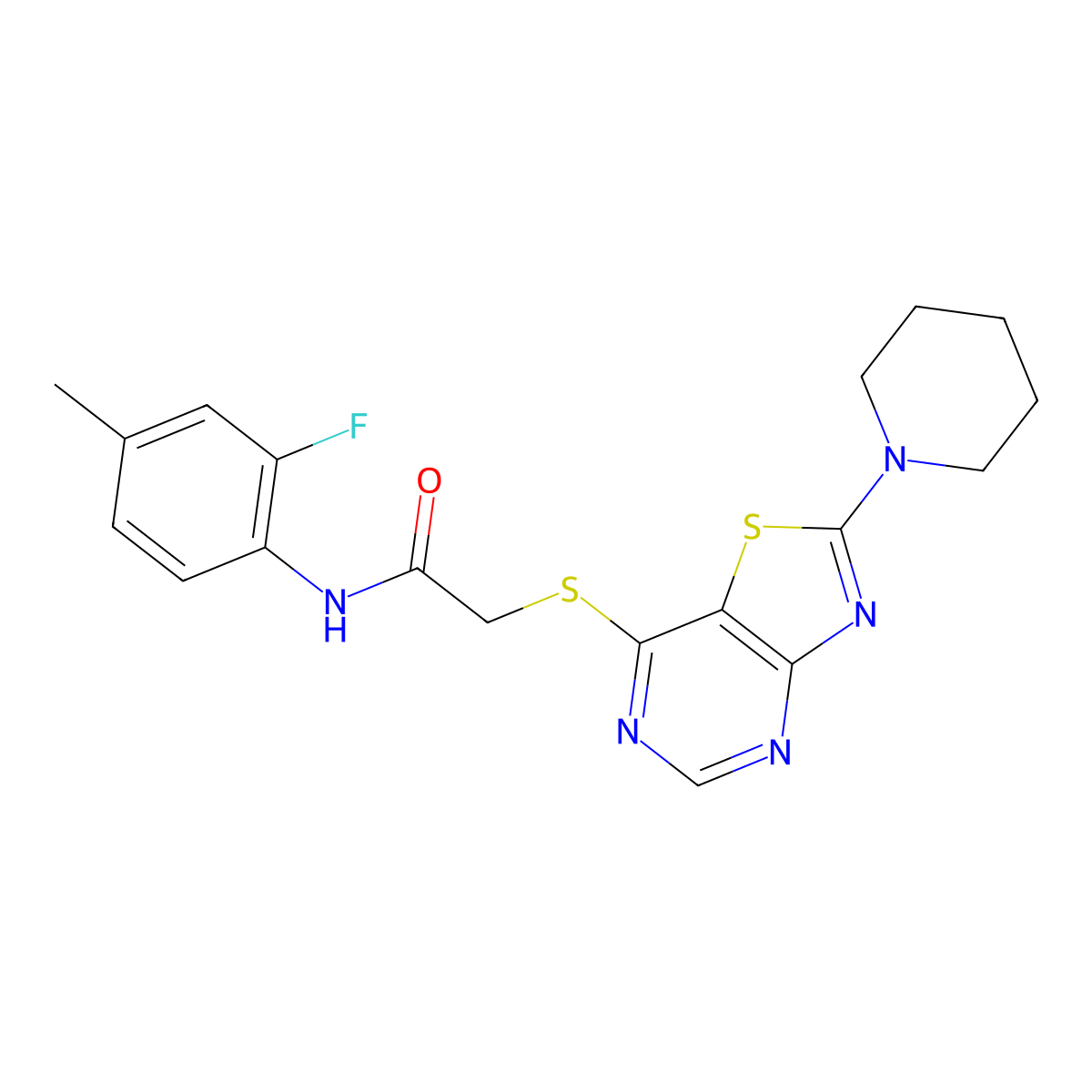 N-(2-fluoro-4-methylphenyl)-2-((2-(piperidin-1-yl)thiazolo[4,5-d]pyrimidin-7-yl)thio)acetamide molecular structure, CAS 1185079-33-7