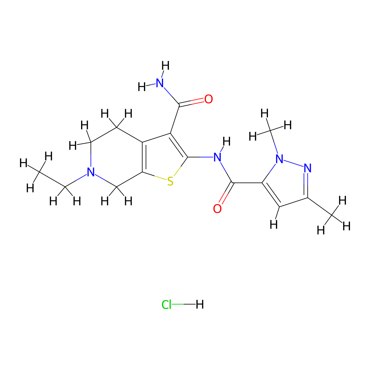 2-(1,3-dimethyl-1H-pyrazole-5-carboxamido)-6-ethyl-4,5,6,7-tetrahydrothieno[2,3-c]pyridine-3-carboxamide hydrochloride molecular structure, CAS 1185080-56-1