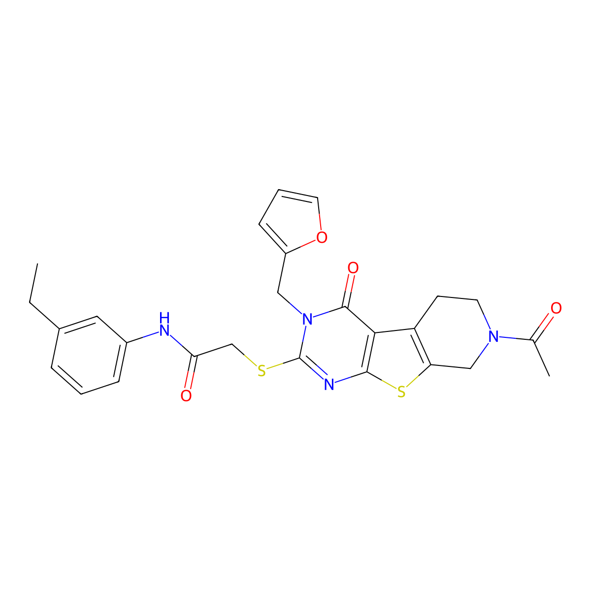 2-({11-acetyl-4-[(furan-2-yl)methyl]-3-oxo-8-thia-4,6,11-triazatricyclo[7.4.0.0^{2,7}]trideca-1(9),2(7),5-trien-5-yl}sulfanyl)-N-(3-ethylphenyl)acetamide molecular structure, CAS 1185080-69-6
