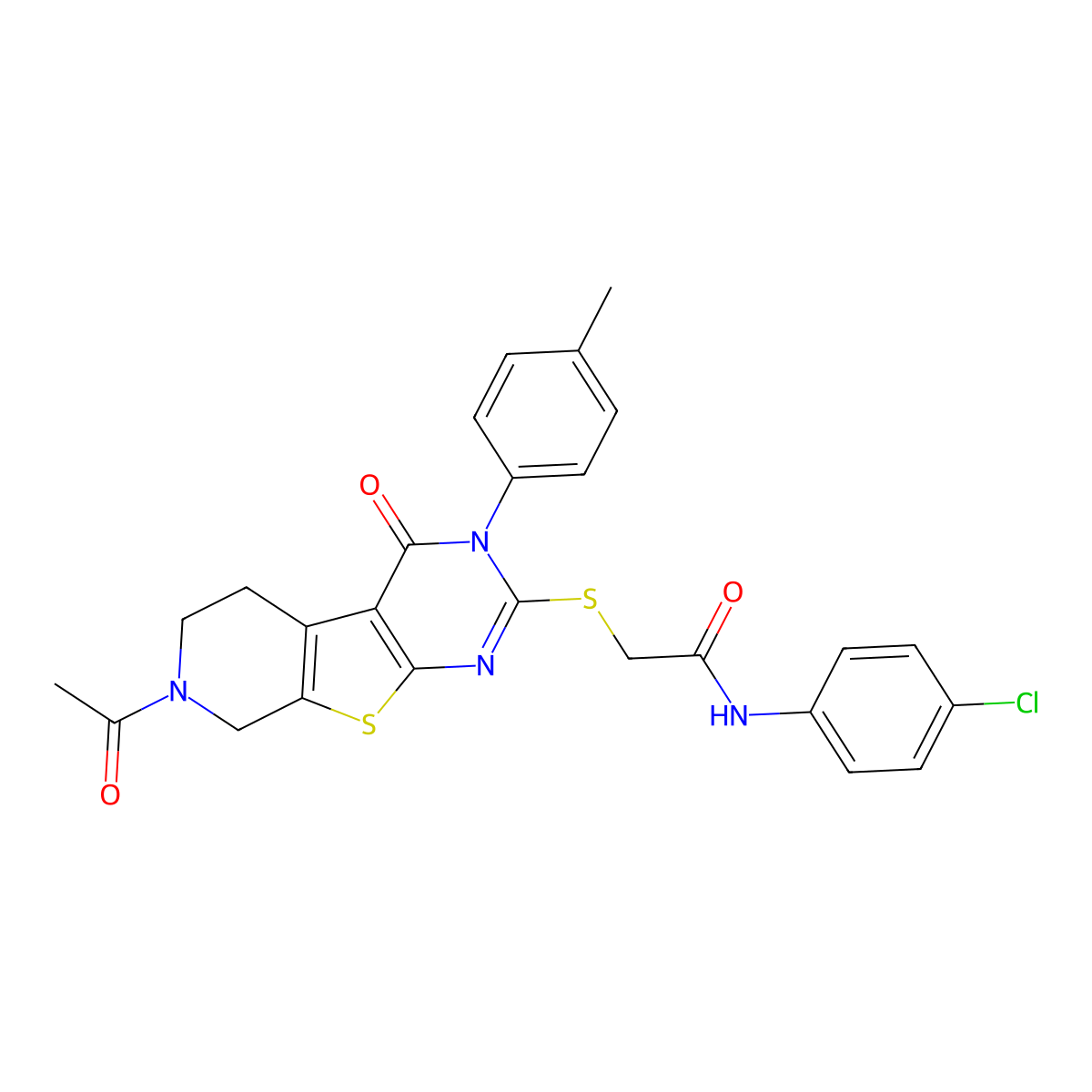 2-((7-acetyl-4-oxo-3-(p-tolyl)-3,4,5,6,7,8-hexahydropyrido[4',3':4,5]thieno[2,3-d]pyrimidin-2-yl)thio)-N-(4-chlorophenyl)acetamide molecular structure, CAS 1185080-84-5