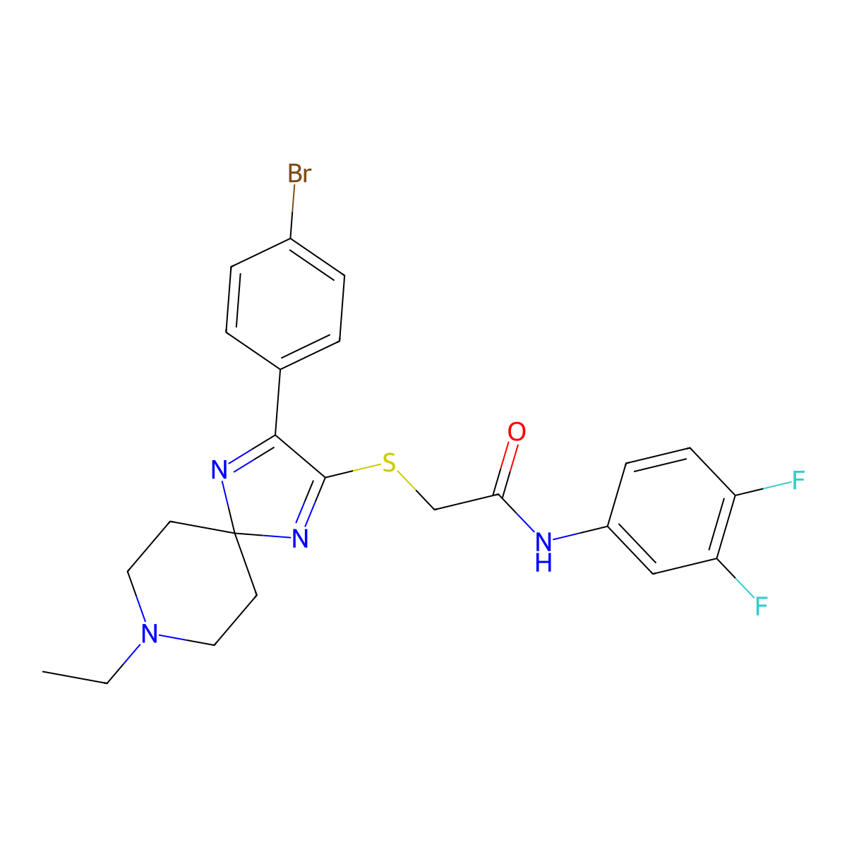 2-((3-(4-bromophenyl)-8-ethyl-1,4,8-triazaspiro[4.5]deca-1,3-dien-2-yl)thio)-N-(3,4-difluorophenyl)acetamide molecular structure, CAS 1185086-89-8