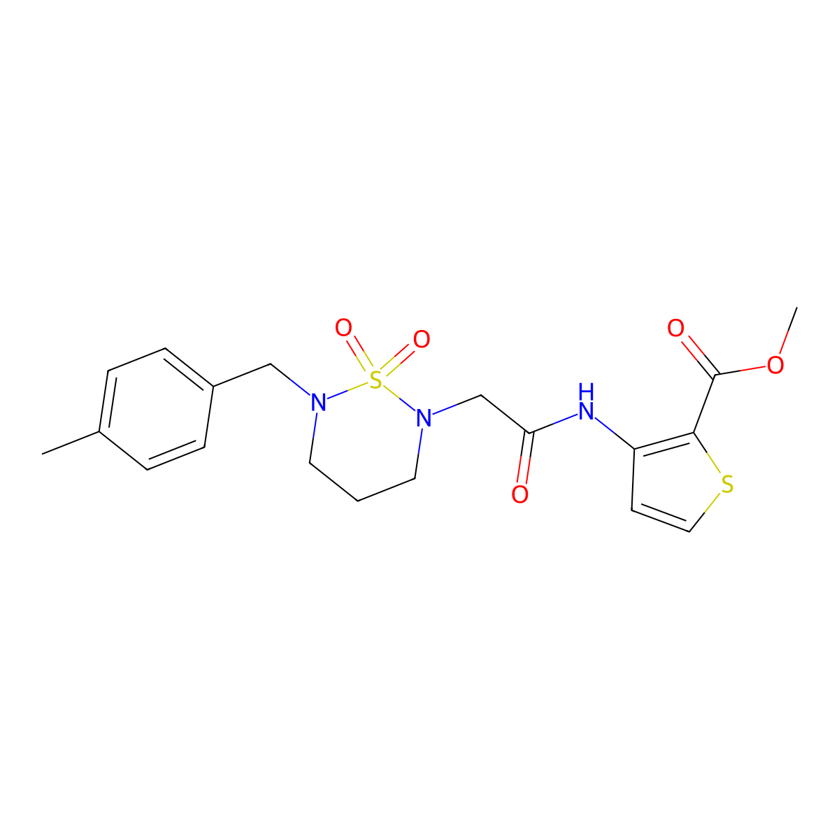 Methyl 3-(2-(6-(4-methylbenzyl)-1,1-dioxido-1,2,6-thiadiazinan-2-yl)acetamido)thiophene-2-carboxylate molecular structure, CAS 1185087-53-9