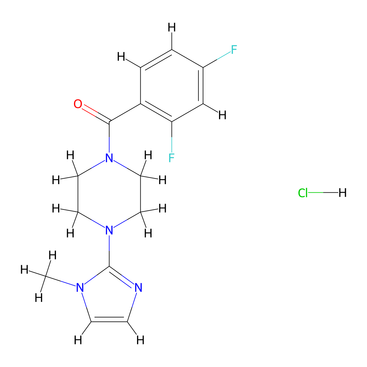 (2,4-difluorophenyl)(4-(1-methyl-1H-imidazol-2-yl)piperazin-1-yl)methanone hydrochloride molecular structure, CAS 1185089-47-7