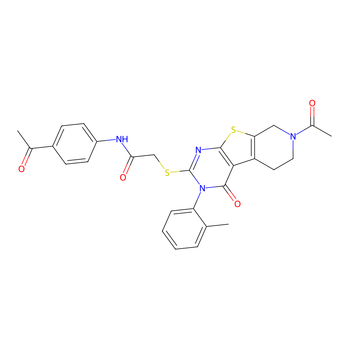 2-{[11-acetyl-4-(2-methylphenyl)-3-oxo-8-thia-4,6,11-triazatricyclo[7.4.0.0^{2,7}]trideca-1(9),2(7),5-trien-5-yl]sulfanyl}-N-(4-acetylphenyl)acetamide molecular structure, CAS 1185090-27-0