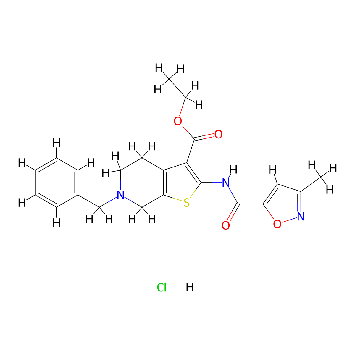 Ethyl 6-benzyl-2-(3-methylisoxazole-5-carboxamido)-4,5,6,7-tetrahydrothieno[2,3-c]pyridine-3-carboxylate hydrochloride molecular structure, CAS 1185091-92-2