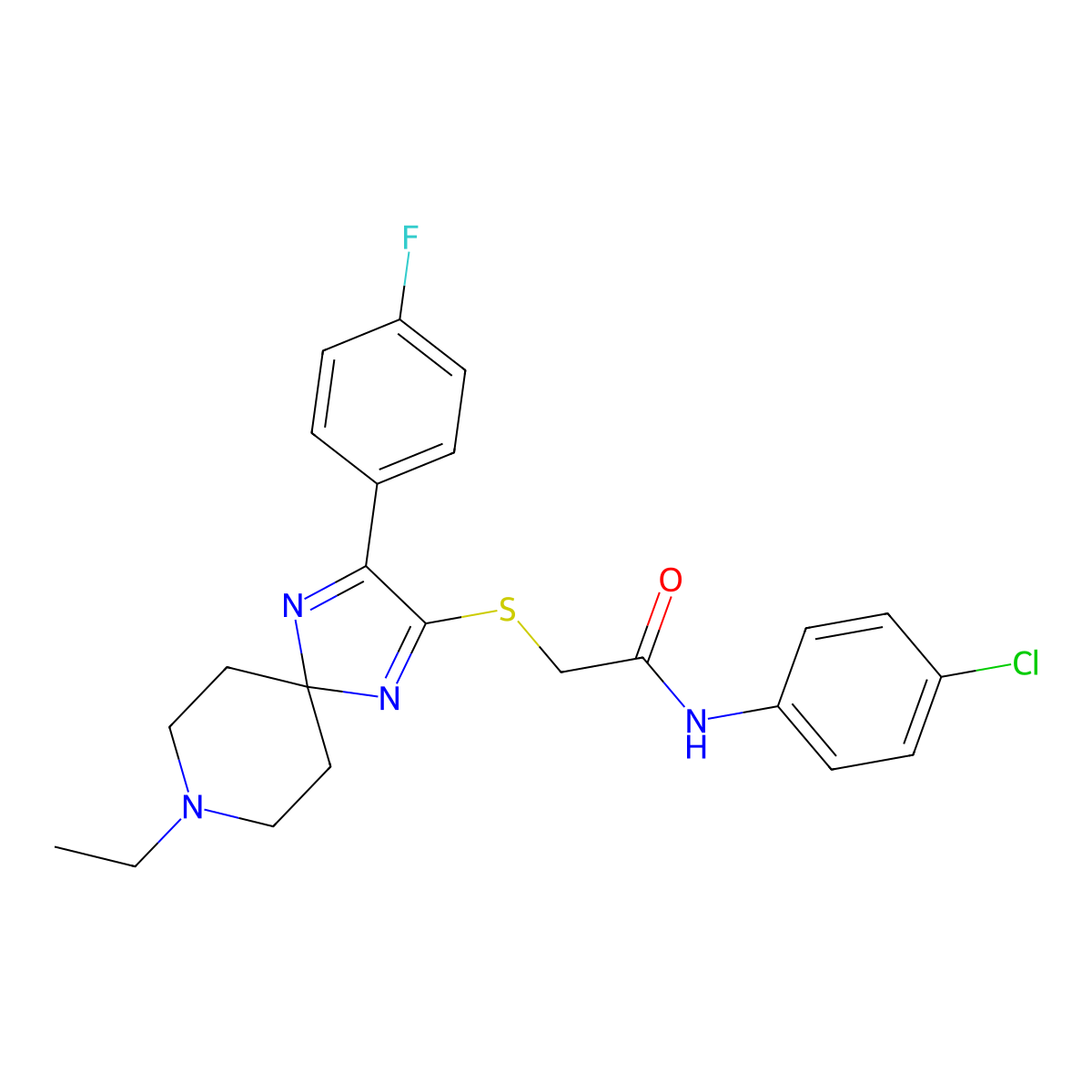 N-(4-chlorophenyl)-2-((8-ethyl-3-(4-fluorophenyl)-1,4,8-triazaspiro[4.5]deca-1,3-dien-2-yl)thio)acetamide molecular structure, CAS 1185095-55-9