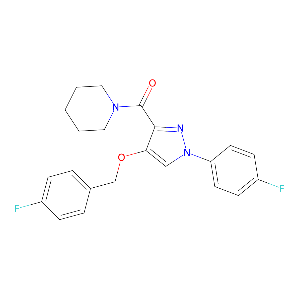 (4-((4-fluorobenzyl)oxy)-1-(4-fluorophenyl)-1H-pyrazol-3-yl)(piperidin-1-yl)methanone molecular structure, CAS 1185099-03-9