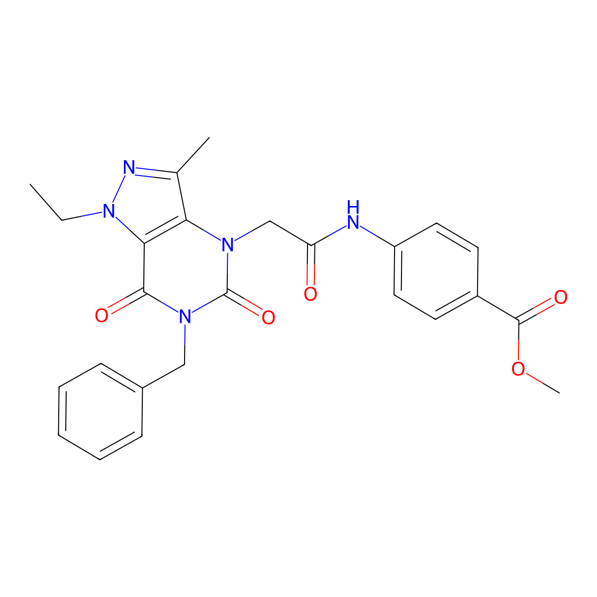 methyl 4-(2-(6-benzyl-1-ethyl-3-methyl-5,7-dioxo-6,7-dihydro-1H-pyrazolo[4,3-d]pyrimidin-4(5H)-yl)acetamido)benzoate molecular structure, CAS 1185099-14-2
