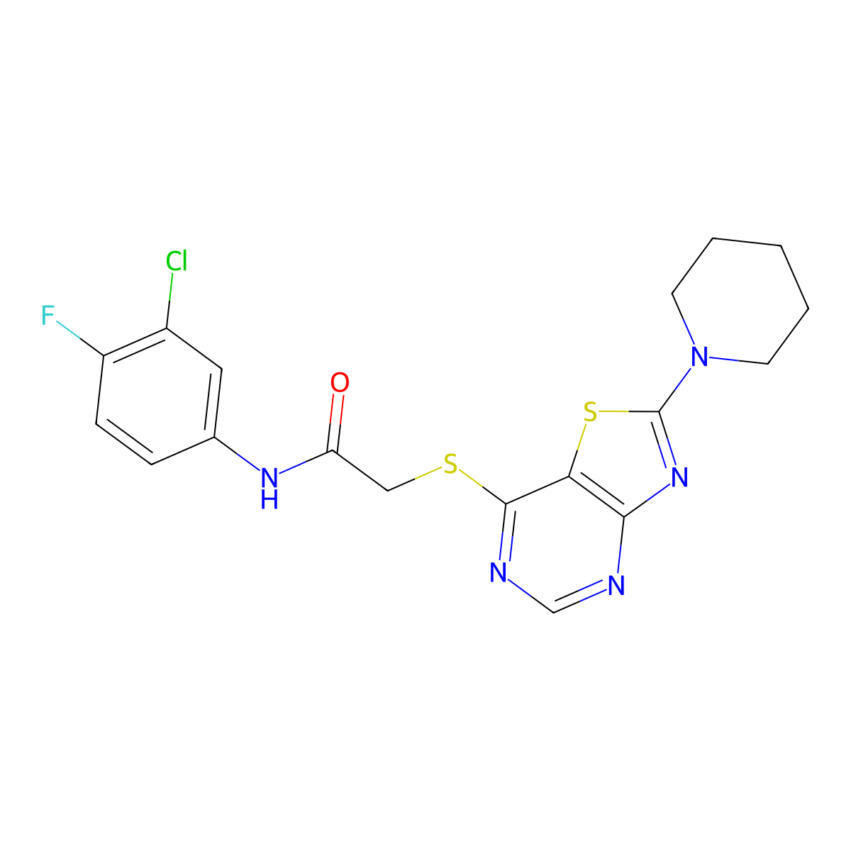N-(3-chloro-4-fluorophenyl)-2-((2-(piperidin-1-yl)thiazolo[4,5-d]pyrimidin-7-yl)thio)acetamide molecular structure, CAS 1185099-22-2