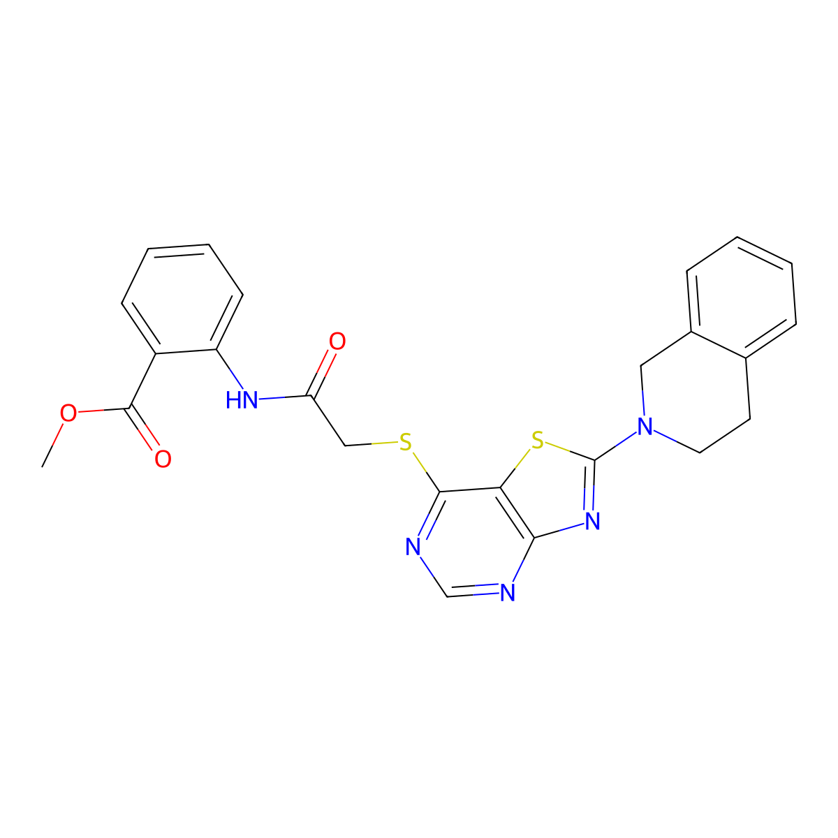 methyl 2-(2-((2-(3,4-dihydroisoquinolin-2(1H)-yl)thiazolo[4,5-d]pyrimidin-7-yl)thio)acetamido)benzoate molecular structure, CAS 1185099-47-1