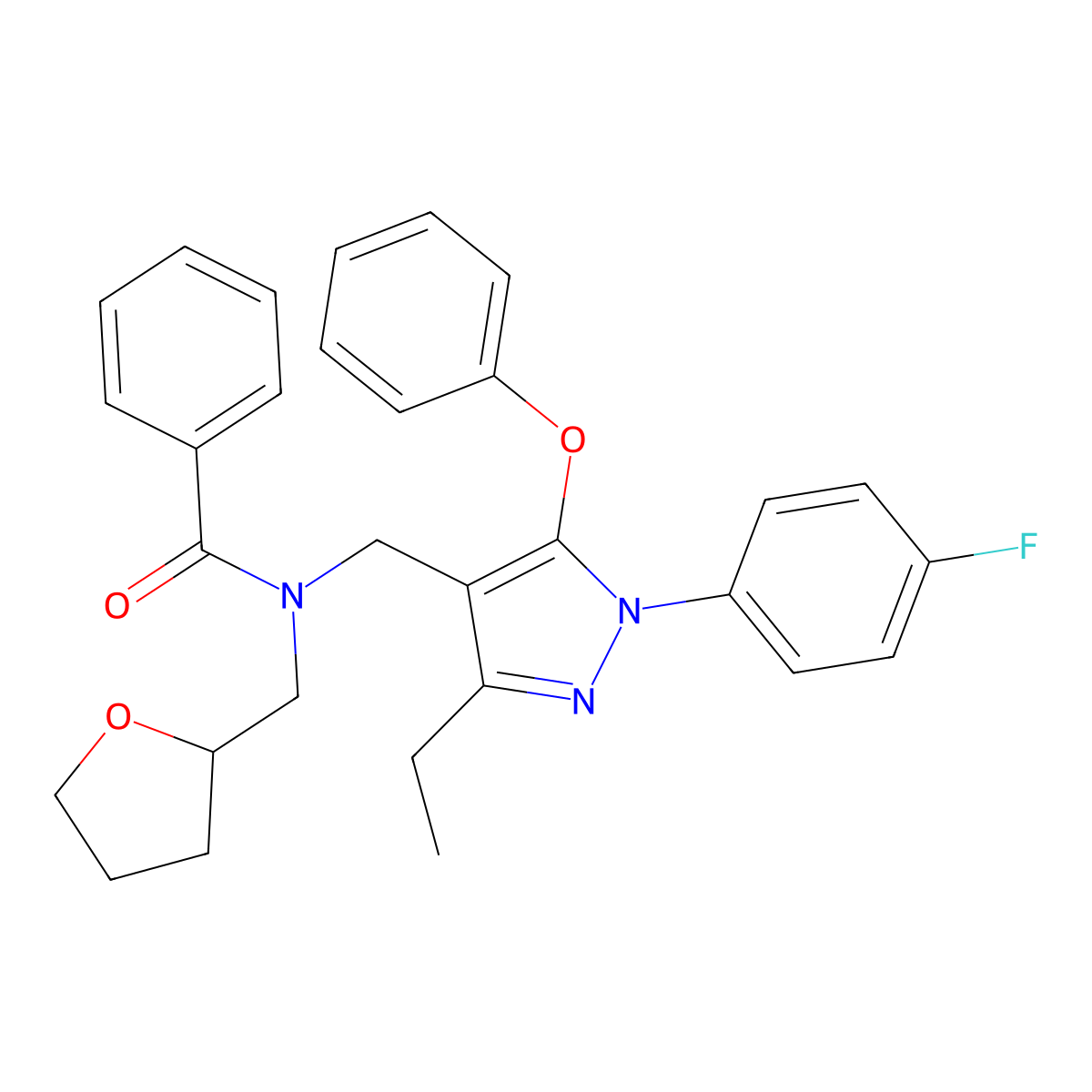 N~1~-{[3-ethyl-1-(4-fluorophenyl)-5-phenoxy-1H-pyrazol-4-yl]methyl}-N~1~-(tetrahydro-2-furanylmethyl)benzamide molecular structure, CAS 1185103-70-1
