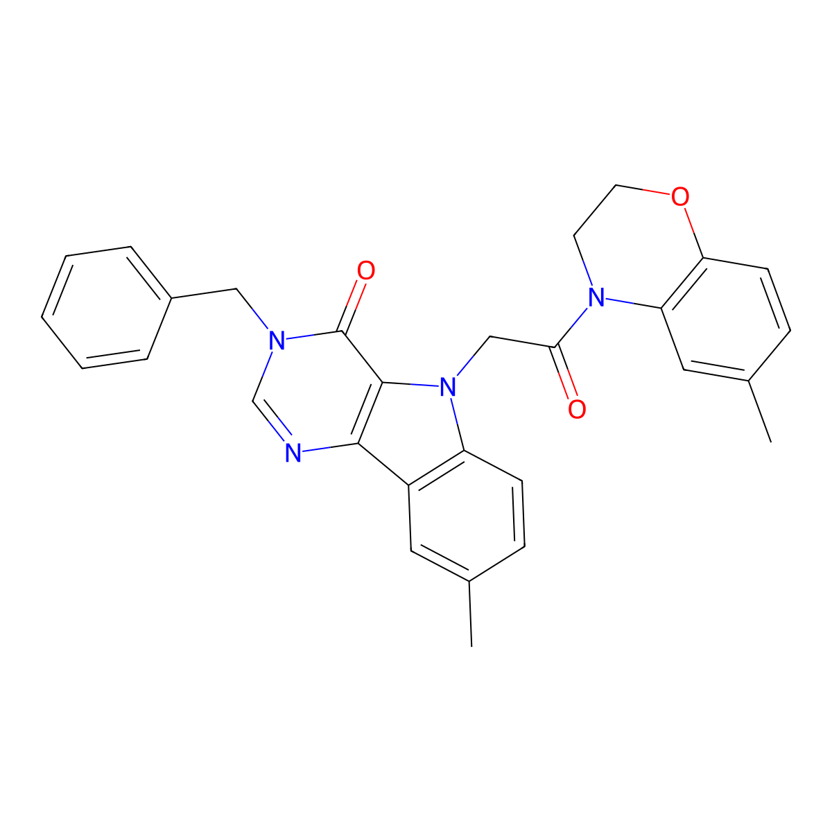 3-benzyl-8-methyl-5-(2-(6-methyl-2H-benzo[b][1,4]oxazin-4(3H)-yl)-2-oxoethyl)-3H-pyrimido[5,4-b]indol-4(5H)-one molecular structure, CAS 1185106-40-4