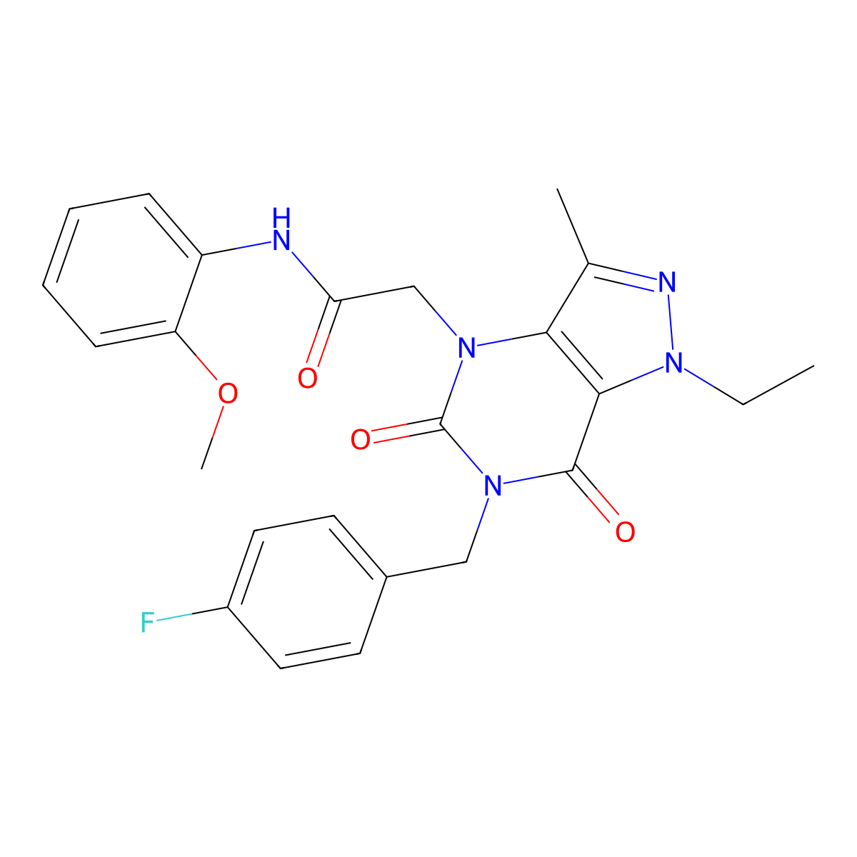 2-(1-ethyl-6-(4-fluorobenzyl)-3-methyl-5,7-dioxo-6,7-dihydro-1H-pyrazolo[4,3-d]pyrimidin-4(5H)-yl)-N-(2-methoxyphenyl)acetamide molecular structure, CAS 1185108-53-5