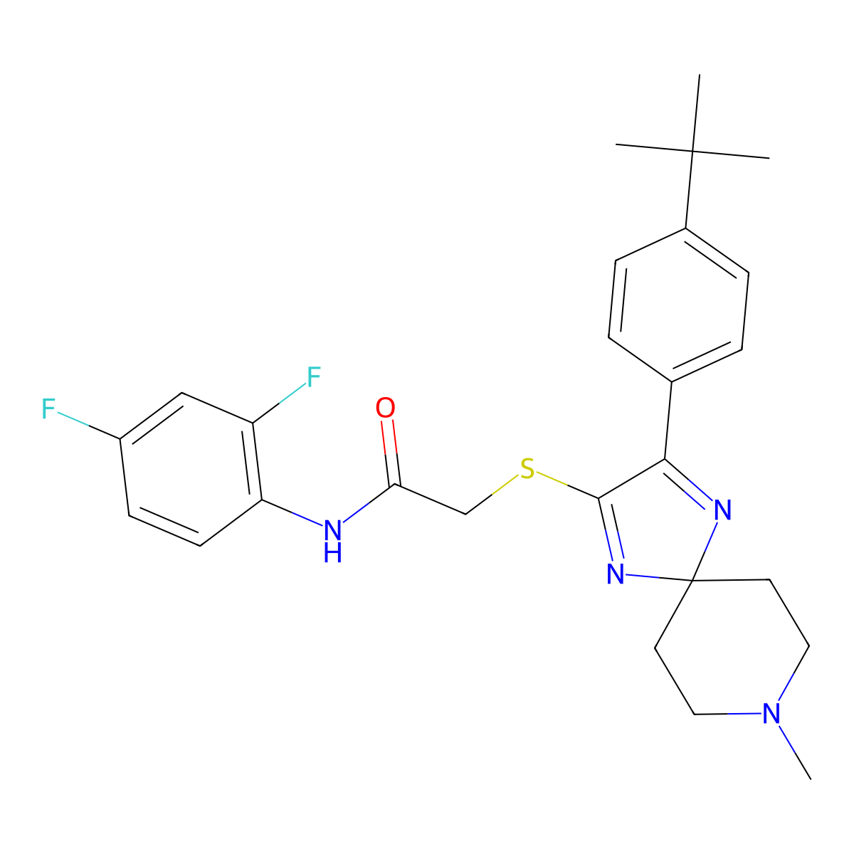 2-((3-(4-(tert-butyl)phenyl)-8-methyl-1,4,8-triazaspiro[4.5]deca-1,3-dien-2-yl)thio)-N-(2,4-difluorophenyl)acetamide molecular structure, CAS 1185111-81-2