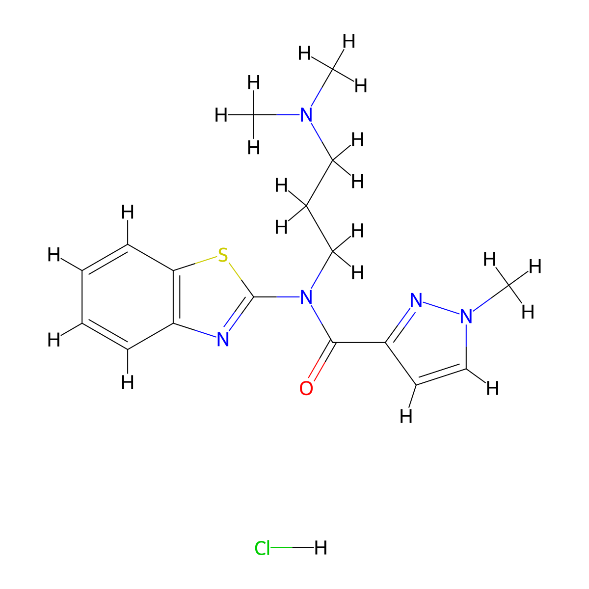 N-(benzo[d]thiazol-2-yl)-N-(3-(dimethylamino)propyl)-1-methyl-1H-pyrazole-3-carboxamide hydrochloride molecular structure, CAS 1185112-26-8