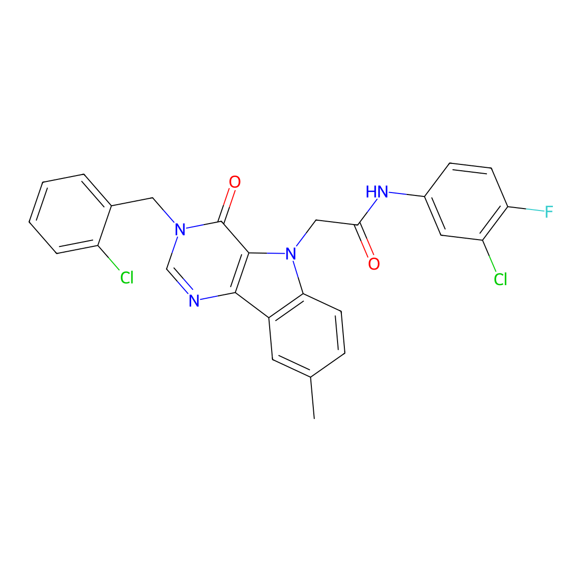 N-(3-chloro-4-fluorophenyl)-2-(3-(2-chlorobenzyl)-8-methyl-4-oxo-3H-pyrimido[5,4-b]indol-5(4H)-yl)acetamide molecular structure, CAS 1185115-03-0