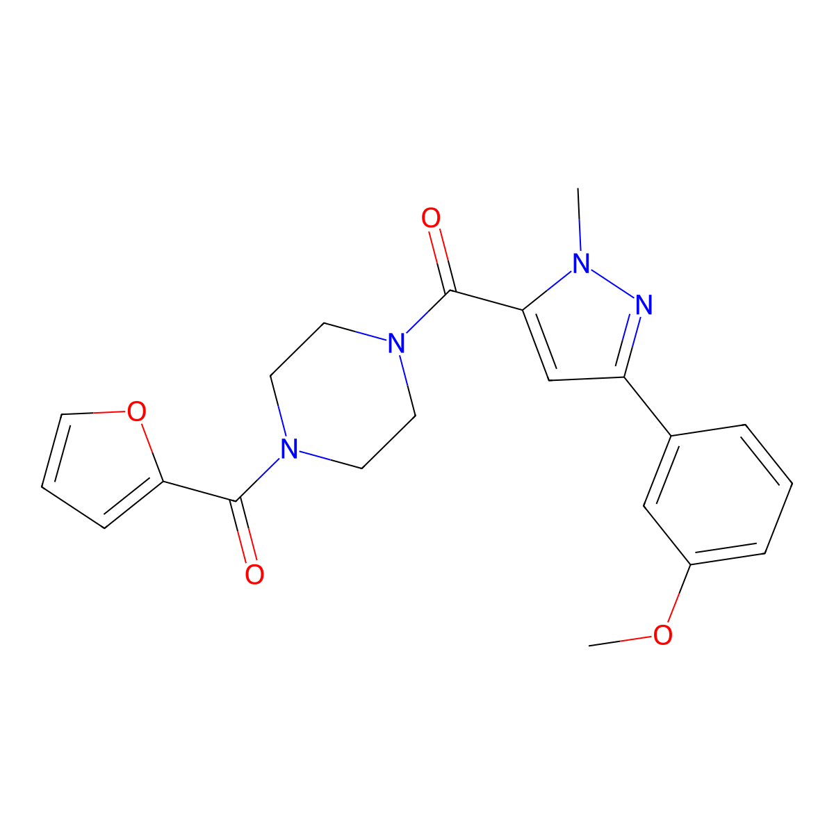 (4-(furan-2-carbonyl)piperazin-1-yl)(3-(3-methoxyphenyl)-1-methyl-1H-pyrazol-5-yl)methanone molecular structure, CAS 1185118-52-8