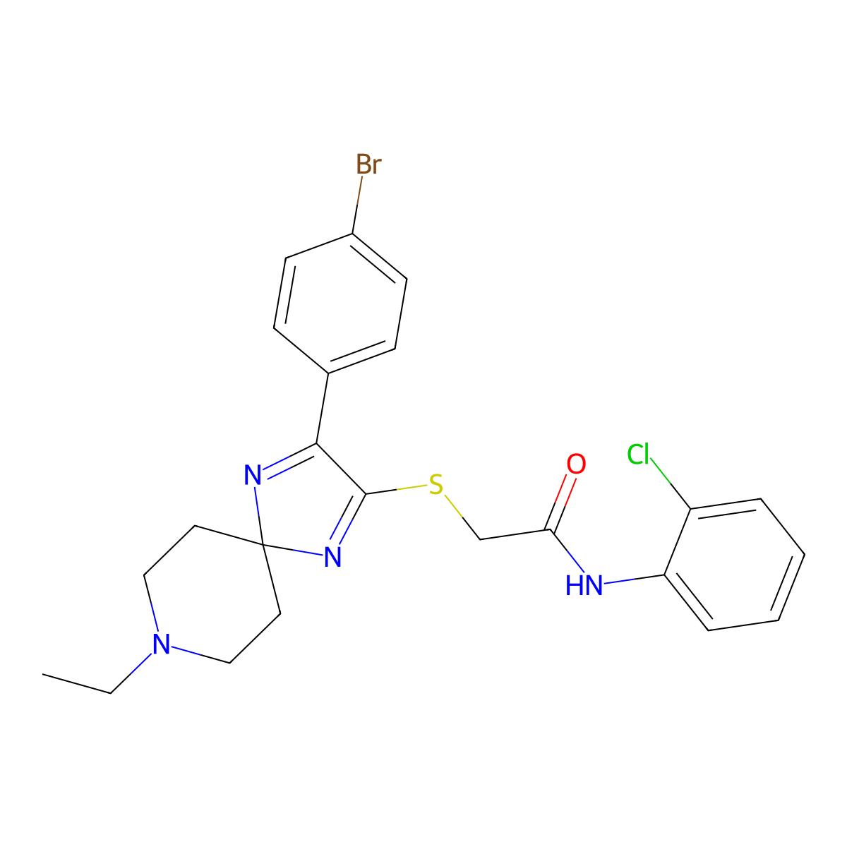 2-((3-(4-bromophenyl)-8-ethyl-1,4,8-triazaspiro[4.5]deca-1,3-dien-2-yl)thio)-N-(2-chlorophenyl)acetamide molecular structure, CAS 1185121-82-7