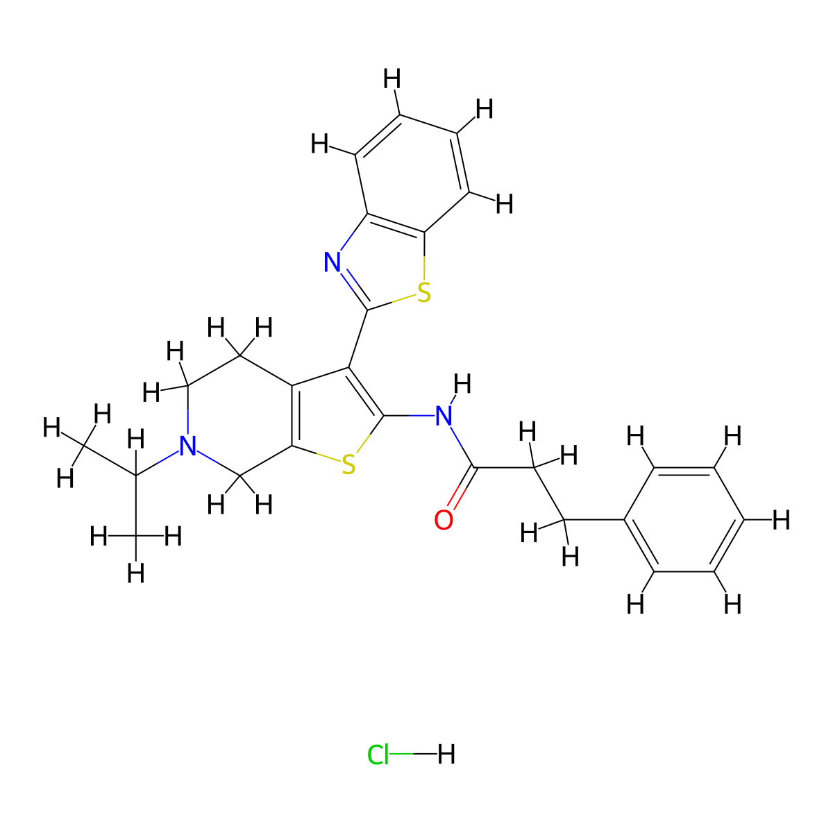 N-(3-(benzo[d]thiazol-2-yl)-6-isopropyl-4,5,6,7-tetrahydrothieno[2,3-c]pyridin-2-yl)-3-phenylpropanamide hydrochloride molecular structure, CAS 1185124-78-0